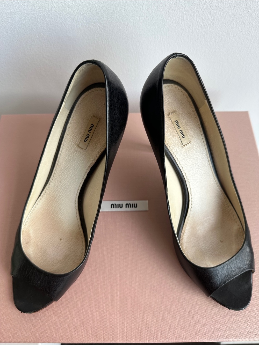 Miu Miu Black Leather Peep-Toe Heels with Cream Interior